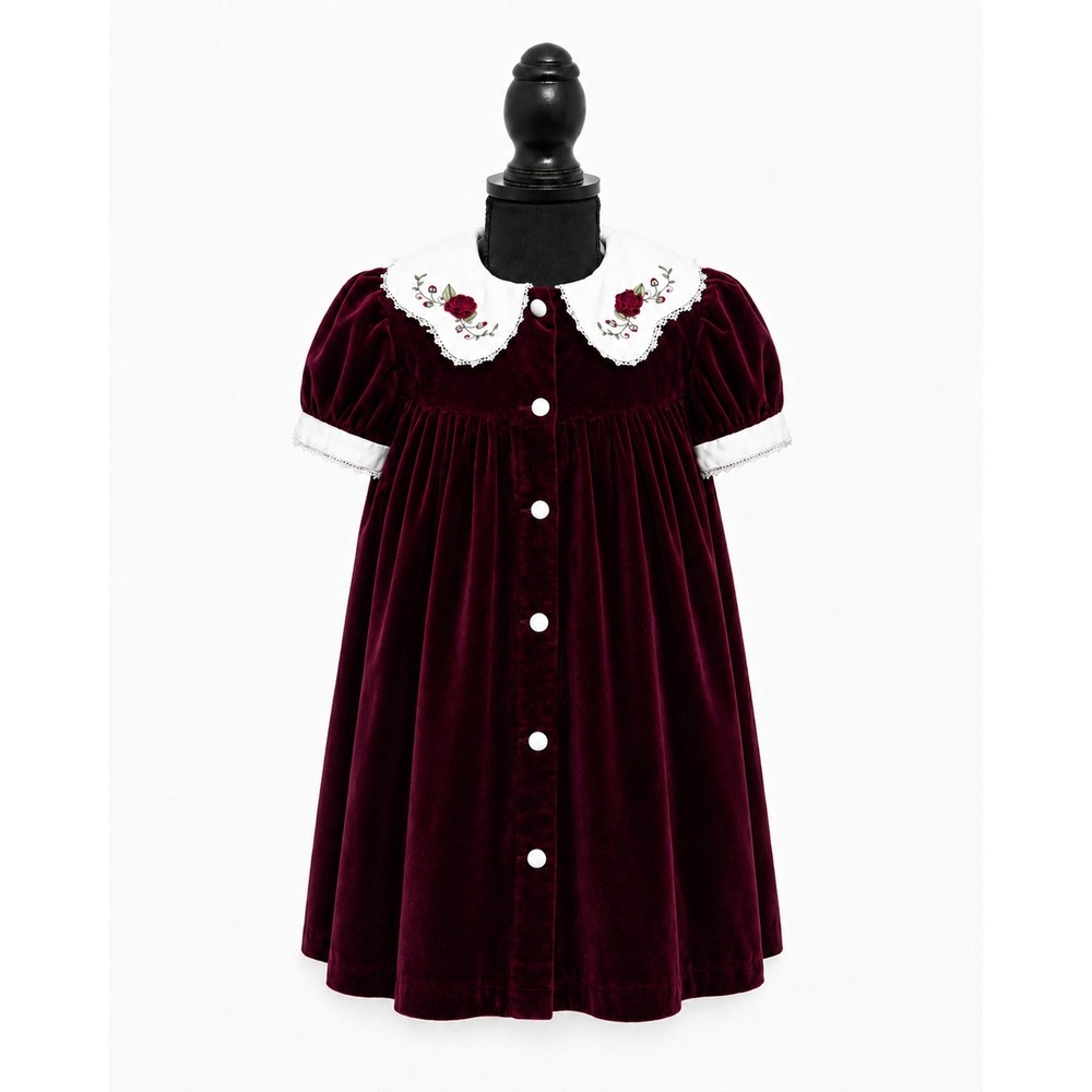 VTG b.t. kids Girls Burgundy Velvet Rose Embroidered Lace Collar Dress Size 6X